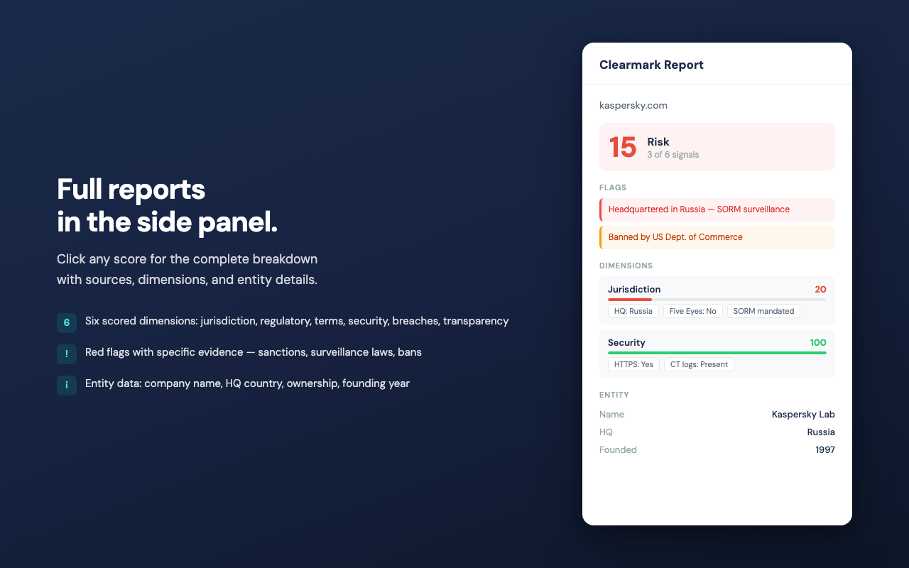 Full report in the side panel